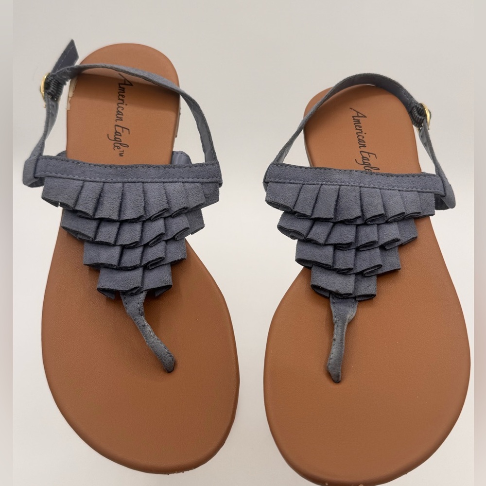 American Eagle Fringe T-Strap Sandals | Gray Faux Suede | Size 9.5